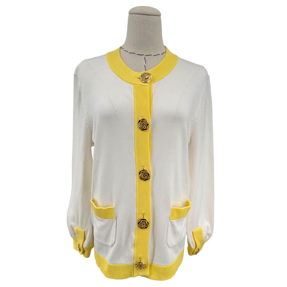 Katherine Barclay Vintage‎ Cardigan Womens Size Medium Yellow Trim Gold Buttons - Picture 1 of 10